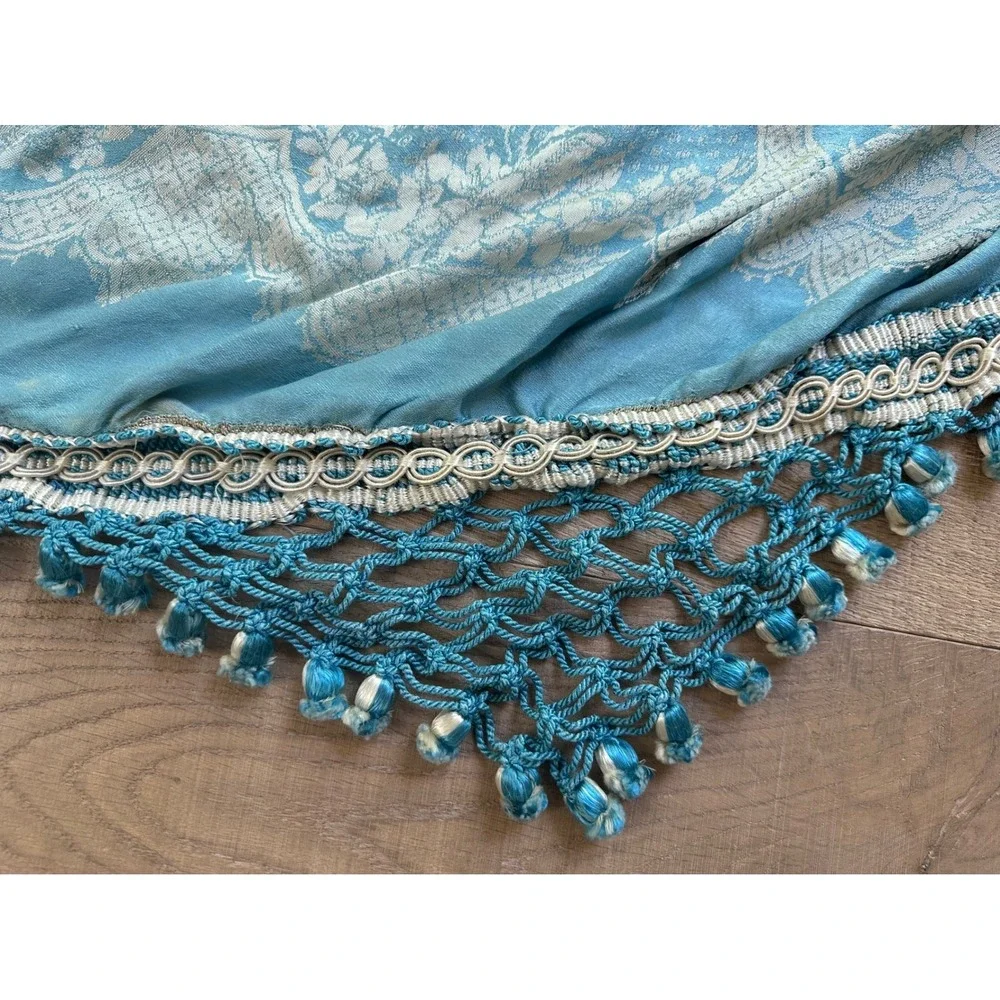 Vintage Blue Silk Cotton Blend Damask Bedspread Macrame Fringe Tassel Coverlet - Picture 3 of 10